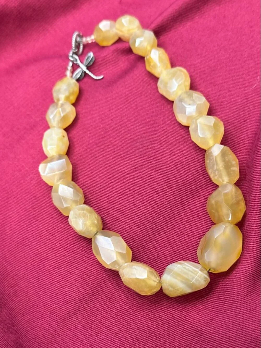 Yellow Faceted Gemstone Necklace. Sterling Dragonfly Charm